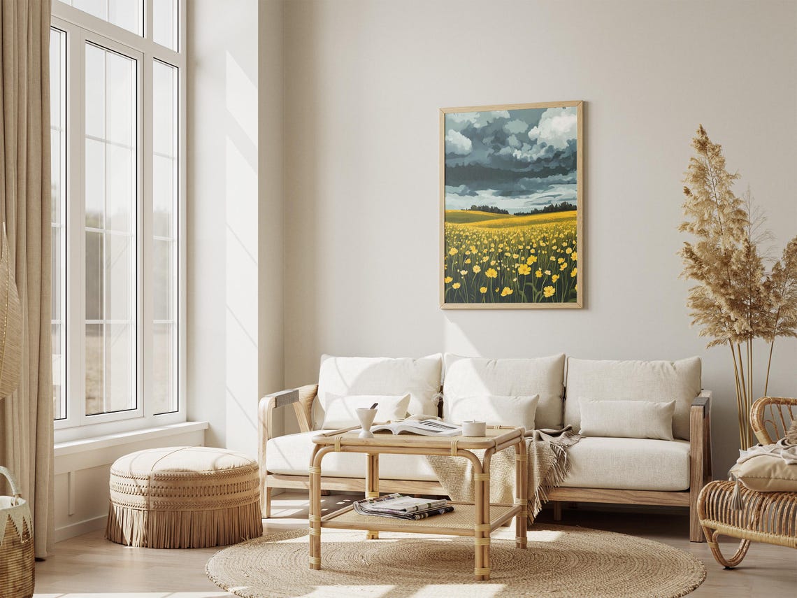 Buttercup Meadow Under Stormy Sky Dramatic Golden Landscape Poster - Image 4