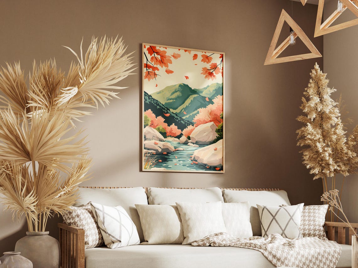 Autumn Mountain Stream with Falling Leaves Forest Art Poster - Image 3