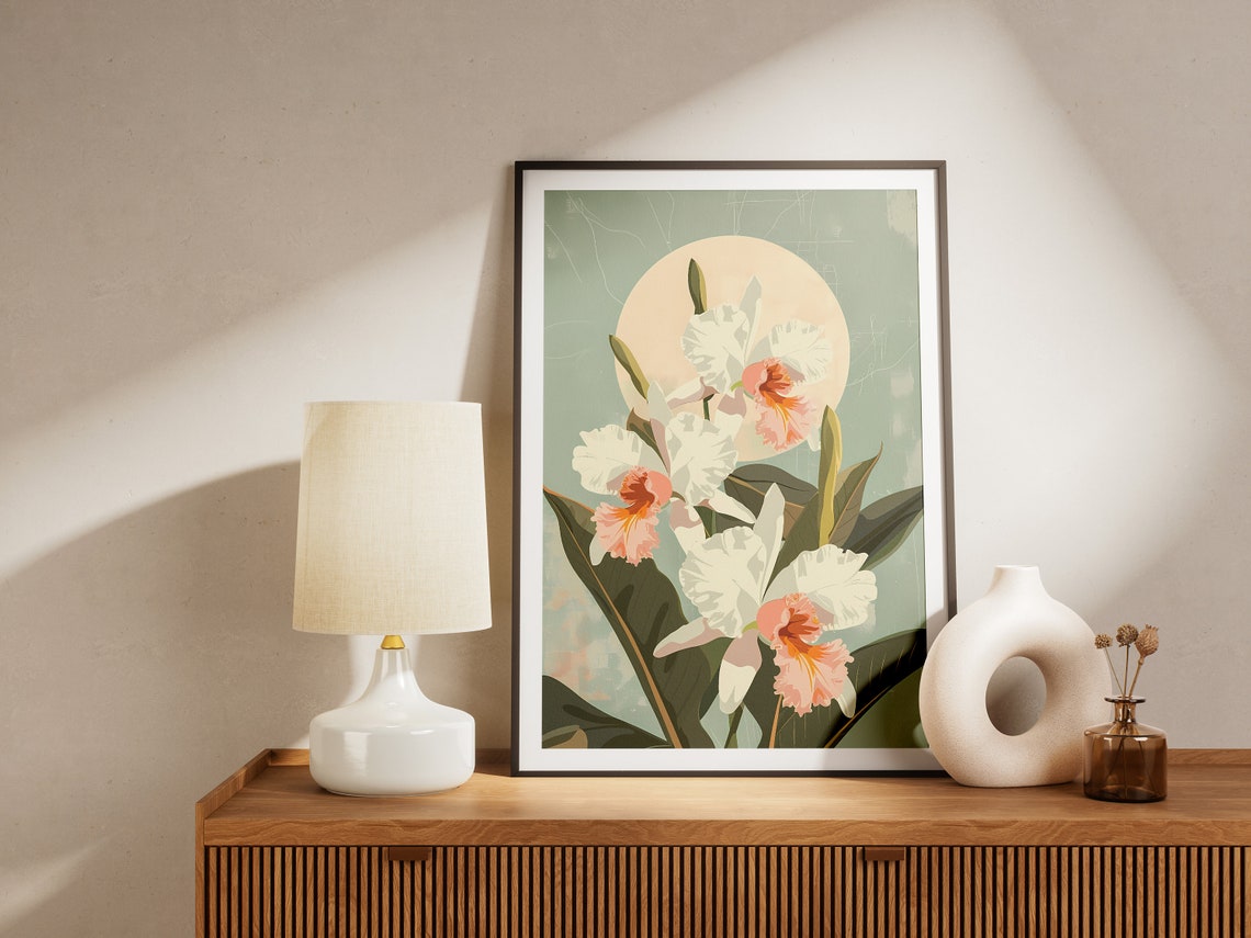 White Orchid Blossoms Moon Circle Sage Green Botanical Poster - Image 2