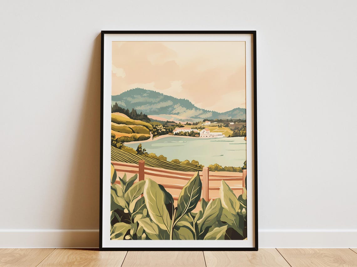 Terraced Tea Plantation Sloping Toward a Lakeside Village Poster