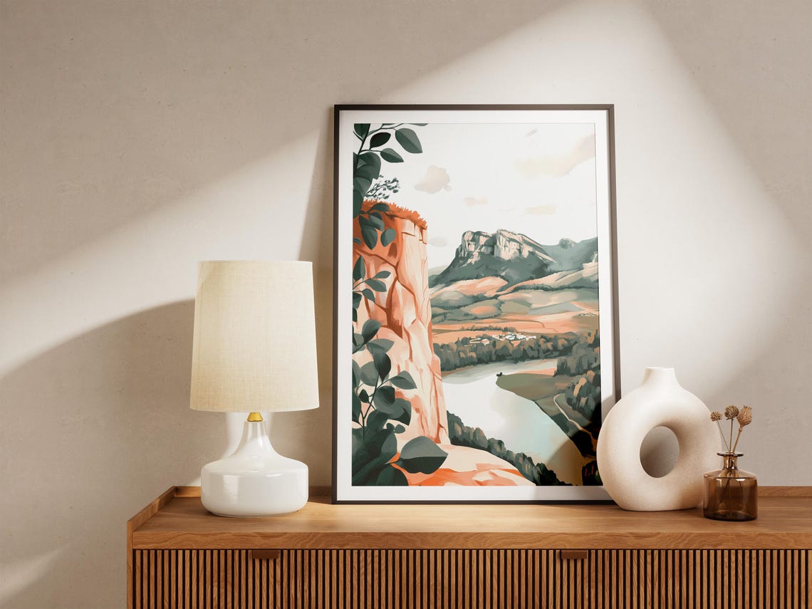 Cliff Top View Over River Valley Toward Distant Mountain Peaks Poster - Image 5