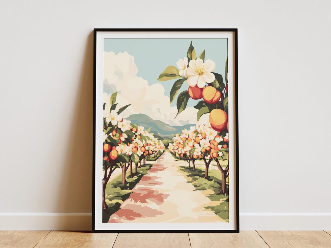 Sunny Citrus Orchard Path with Blossoms and Ripe Oranges Poster