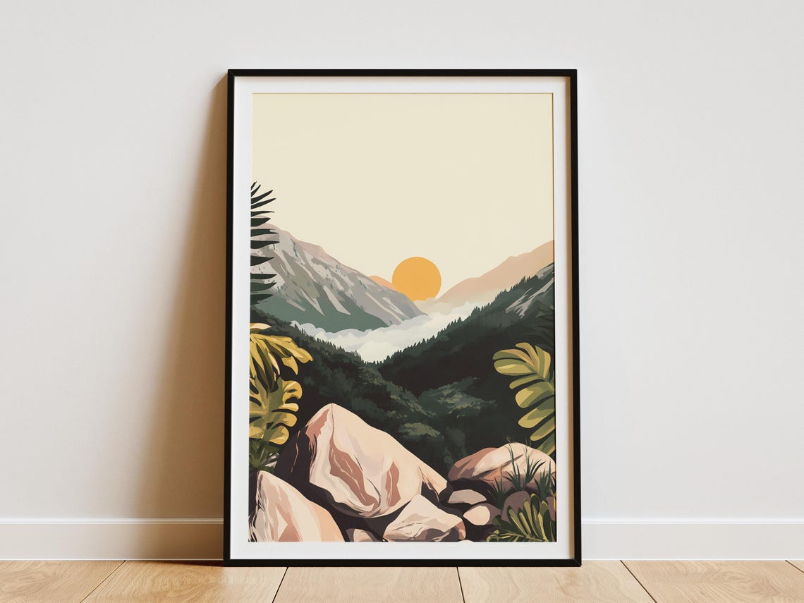 Golden Sunrise Misty Mountain Valley Pine Forest Illustration Poster