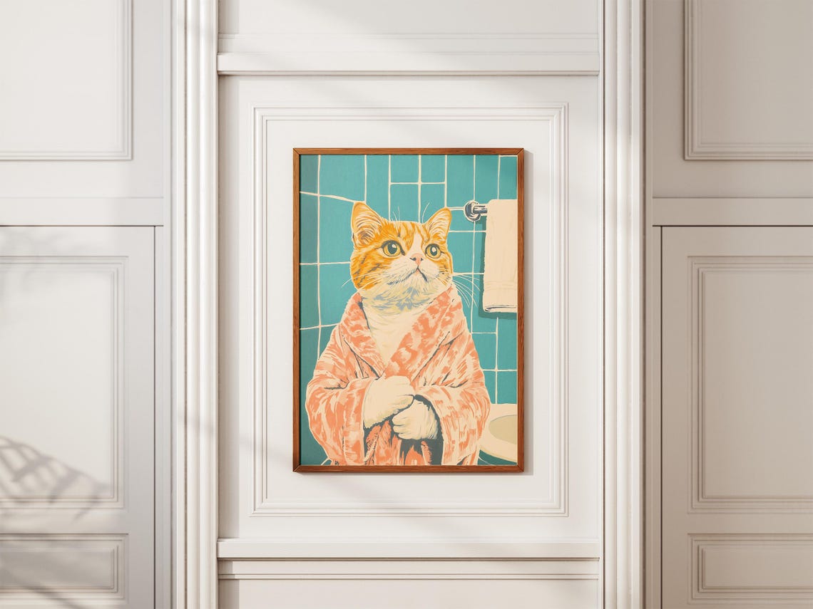 Orange Tabby Cat Bathrobe Retro Teal Bathroom Illustration Poster - Image 2