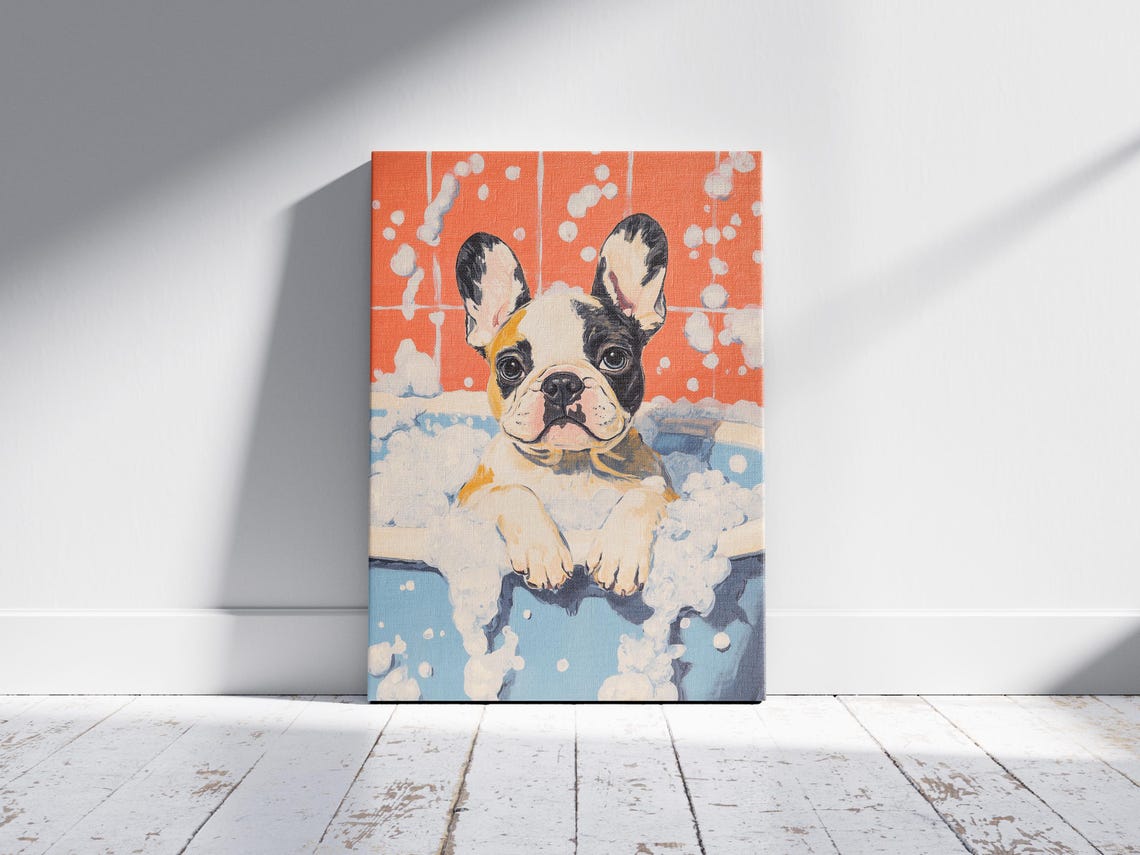 French Bulldog Puppy Bubble Bath Orange Pop Art Style Poster - Image 2