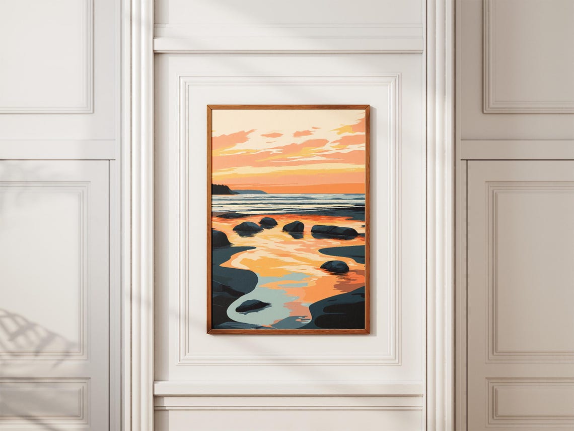 Sunset Tidal Pools Orange Teal Minimalist Coastal Illustration Poster - Image 2