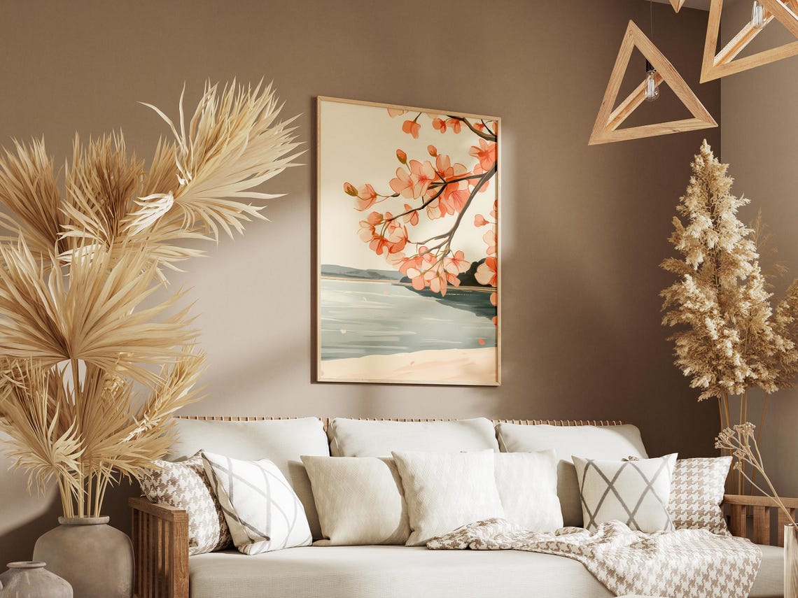 Pink Blossom Branch Over Calm Lake Sandy Shore Minimalist Art Poster - Image 3