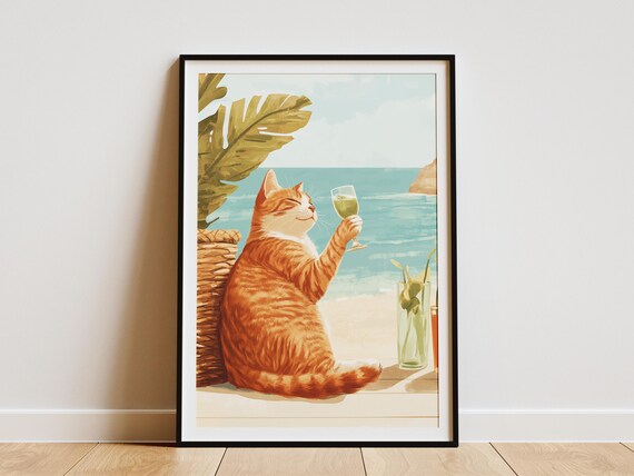 Orange Tabby Cat Sipping White Wine at a Sunny Beach Vacation Poster