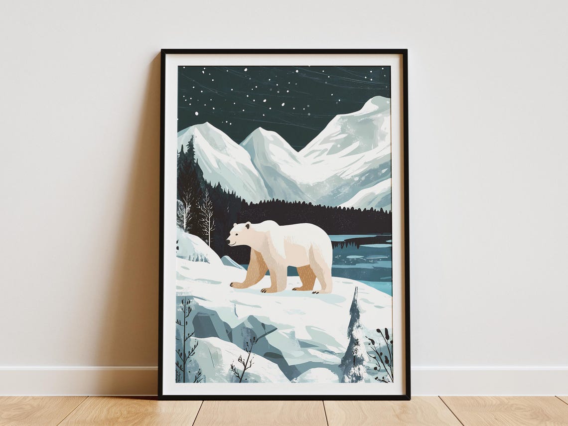Polar Bear Walking Arctic Night Snowy Mountains Winter Poster
