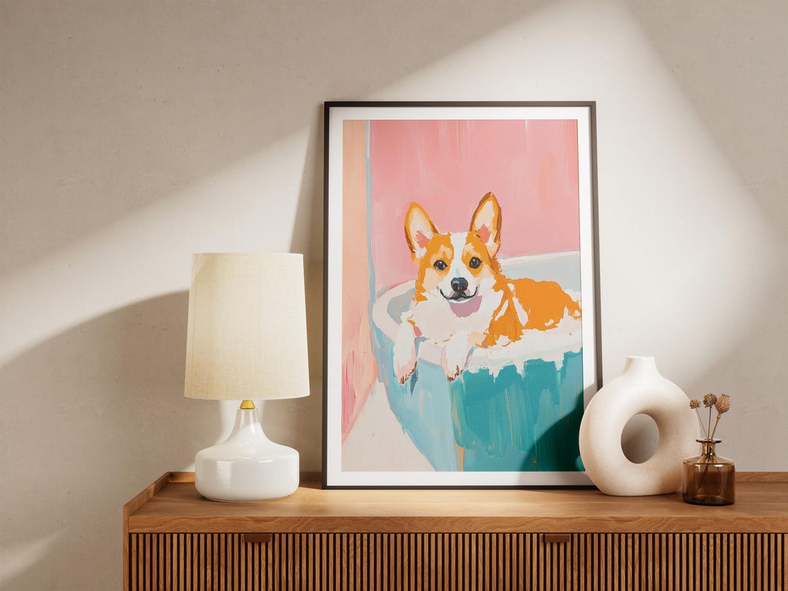 Smiling Corgi Bubble Bath Pastel Pink Teal Nursery Art Poster - Image 4