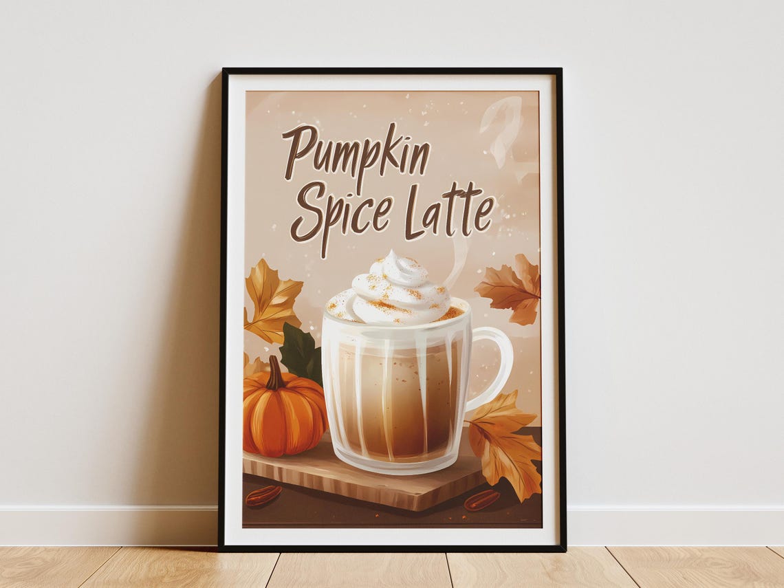 Pumpkin Spice Latte With Whipped Cream and Autumn Leaves Poster
