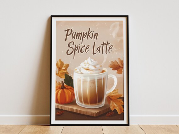 Pumpkin Spice Latte With Whipped Cream and Autumn Leaves Poster