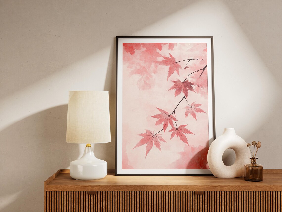 Red Japanese Maple Leaves Branch Pink Watercolor Botanical Poster - Image 4