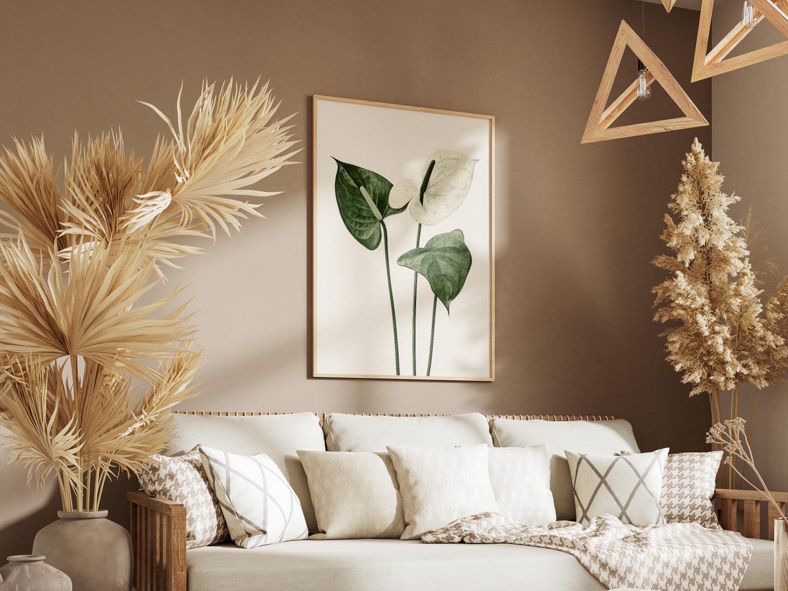 White Anthurium Flower Green Leaves Minimalist Botanical Art Poster - Image 3
