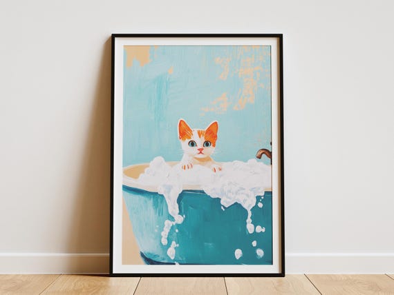 Oriental Shorthair Kitten Art Print Baby Cat In Bathtub Poster Cute Wall Lover Gift Playful Bathroom Decor