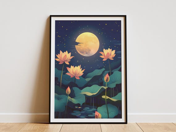 Pond Full Moon Night Bloom Flower Art Print Botanical Moonlit Floral Poster Peaceful Nature Decor Asian