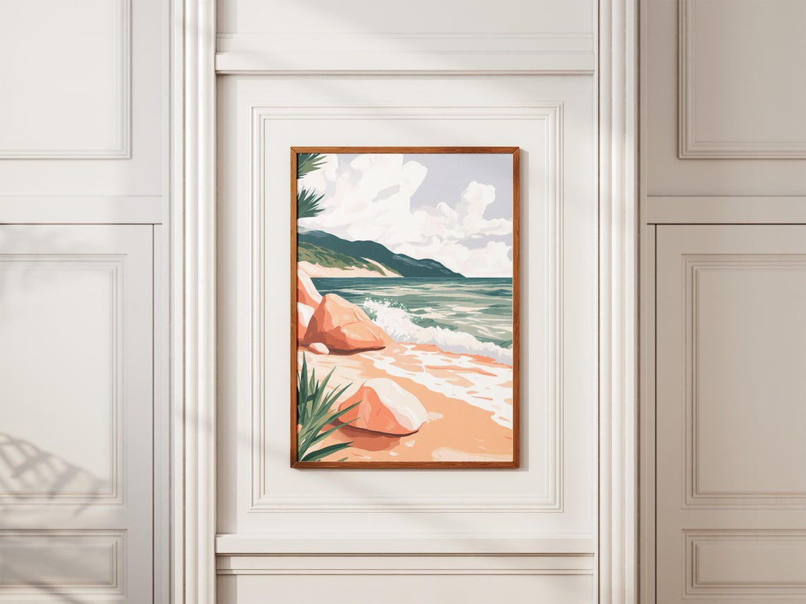 Rocky Ocean Shore With Crashing Waves And Palm Leaves Poster - Image 2