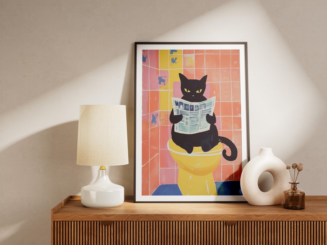 Funny Black Cat Reading Newspaper On Bathroom Toilet Art Poster - Image 4