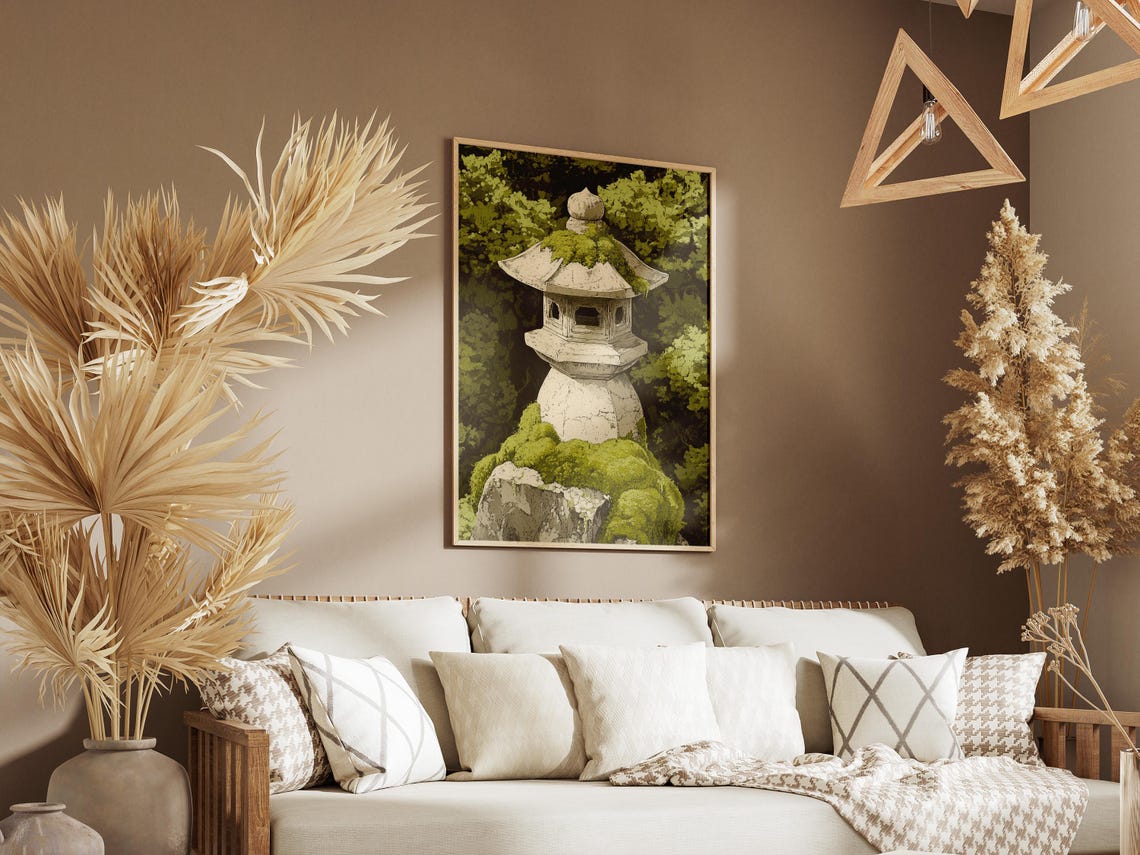 Moss Covered Japanese Stone Lantern in Lush Green Forest Poster - Image 3