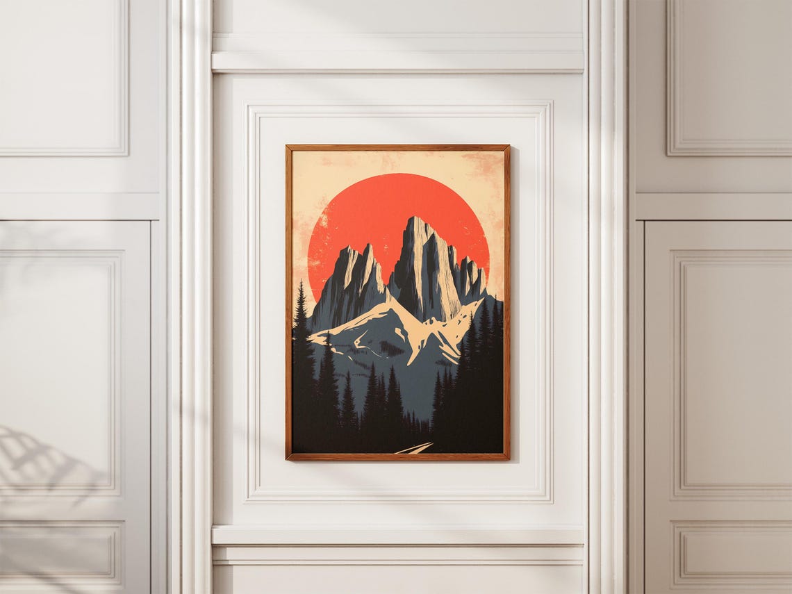 Dolomites Italy Jagged Gray Peaks Red Sun Retro Travel Poster - Image 2