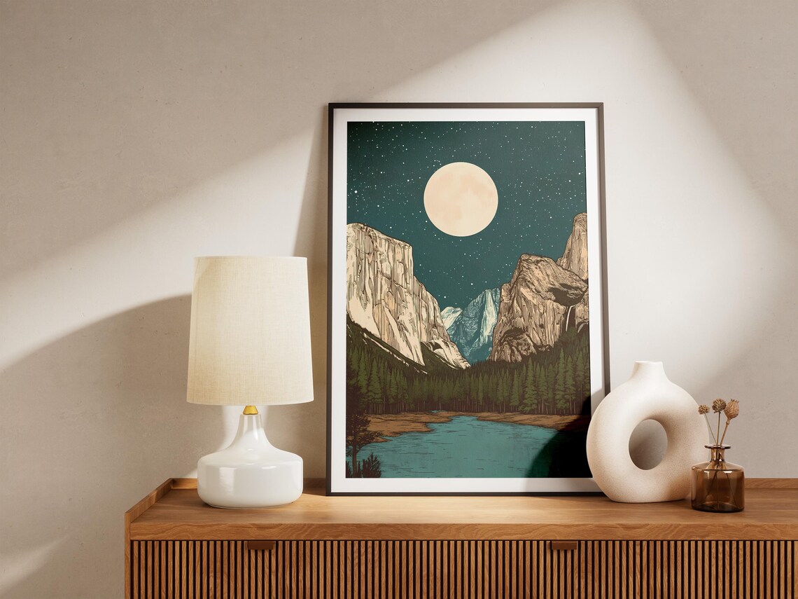 Yosemite National Park Moonlit Valley Lake Pine Forest Night Art Poster - Image 4
