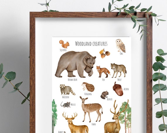 Woodland Creatures Poster, Forest Animal Print