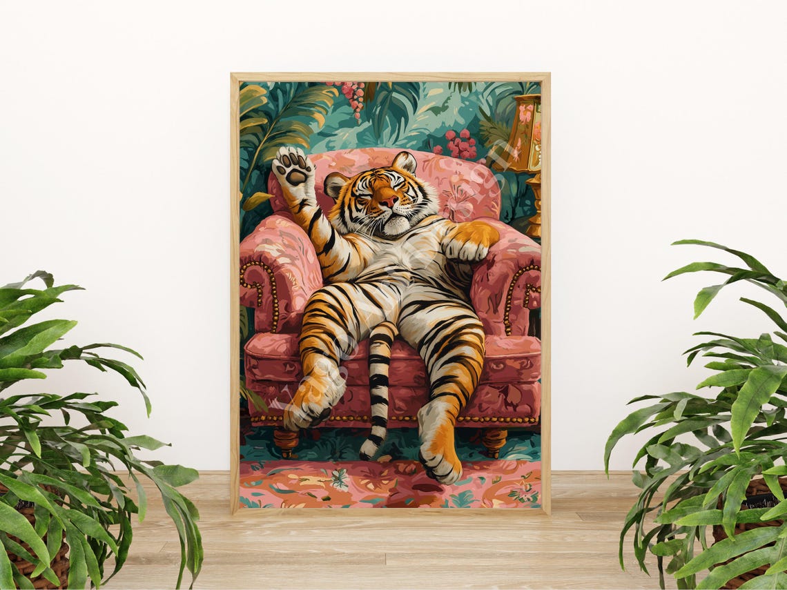 Tiger Lounging on Pink Armchair Poster Maximalist Jungle Decor - Image 4