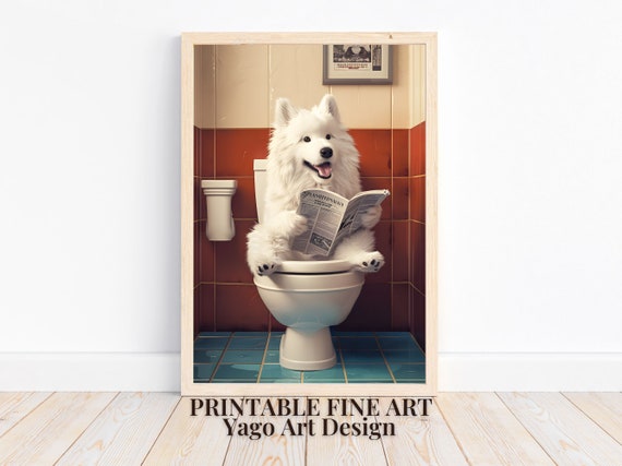 Samoyed Sitting On Toilet And Reading Newspaper Wall Art Print Funny Bathroom Wall Art Cute Dog Wall Art Toilet Wall Decor