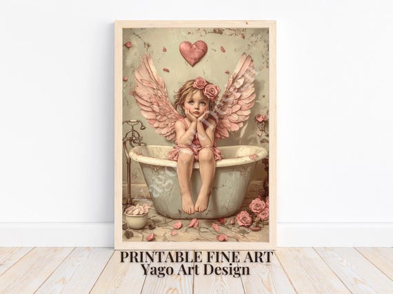 Cupid In Bathtub Valentines Day Wall Art Print Cute Romantic Cupid Decor Valentines Day Decor Cute Bathroom Print Vintage Bathroom Art