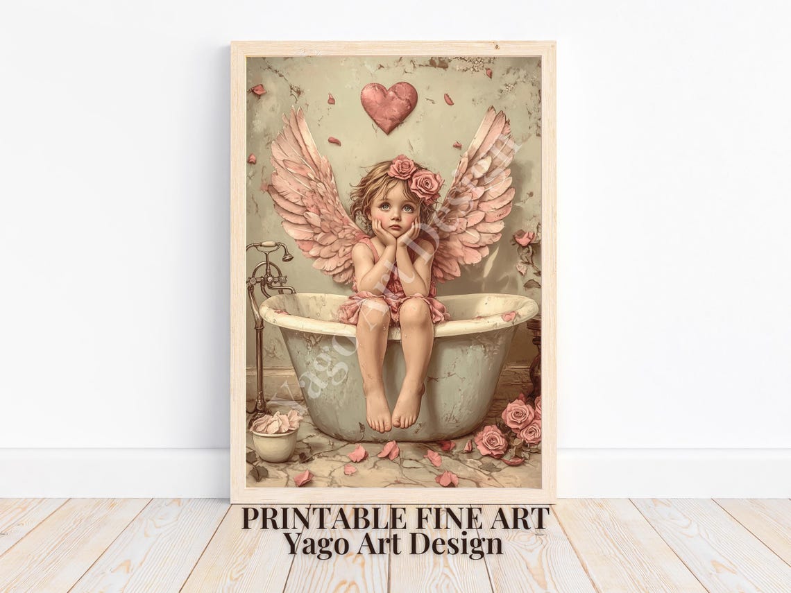 Pink Angel Girl In Bathtub Roses Heart Vintage Valentine Poster