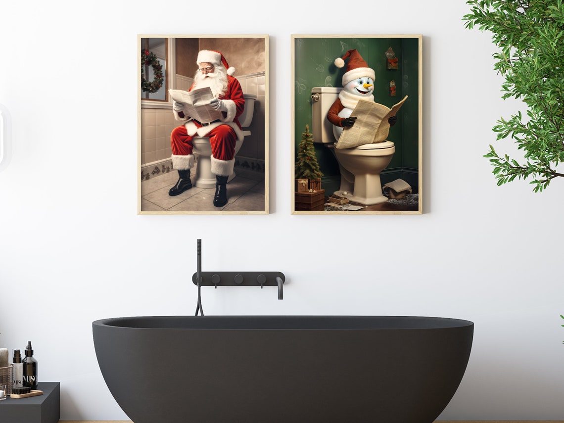Santa On Toilet Reading Newspaper Tiled Bathroom Christmas Print - Image 2