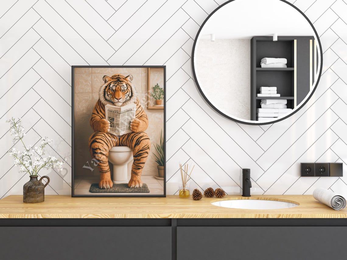 Tiger Reading Newspaper on Toilet Poster Funny Bathroom Humor - Image 3