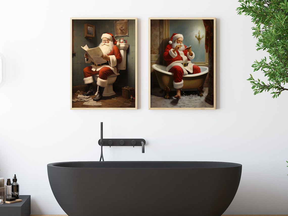 Santa Reading Book In Copper Bathtub Vintage Christmas Poster - Image 2