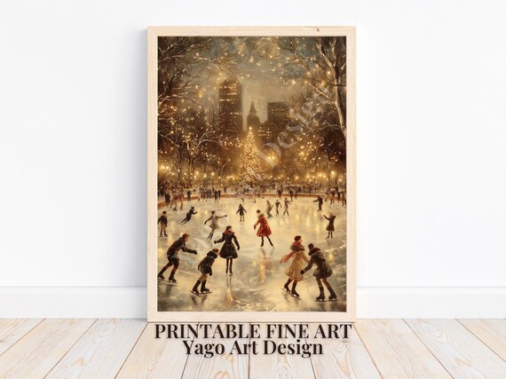 Vintage Ice Skating in Park Art Print, Holiday Decor