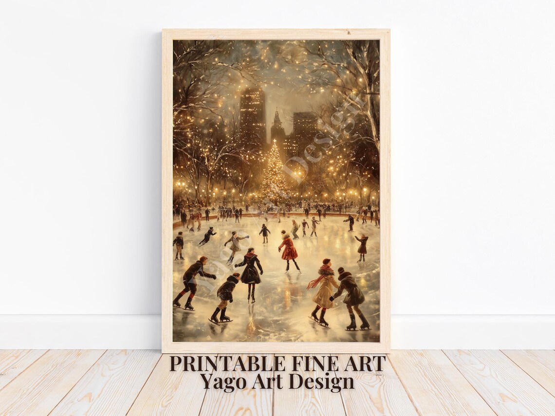 Vintage Ice Skating in Park Art Print, Holiday Decor