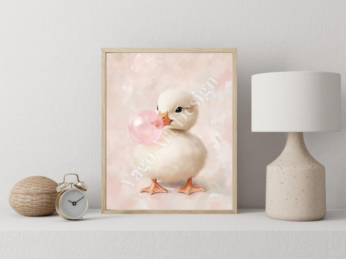 Fluffy Duckling Blowing Pink Bubblegum Bubble Cute Nursery Poster - Image 4
