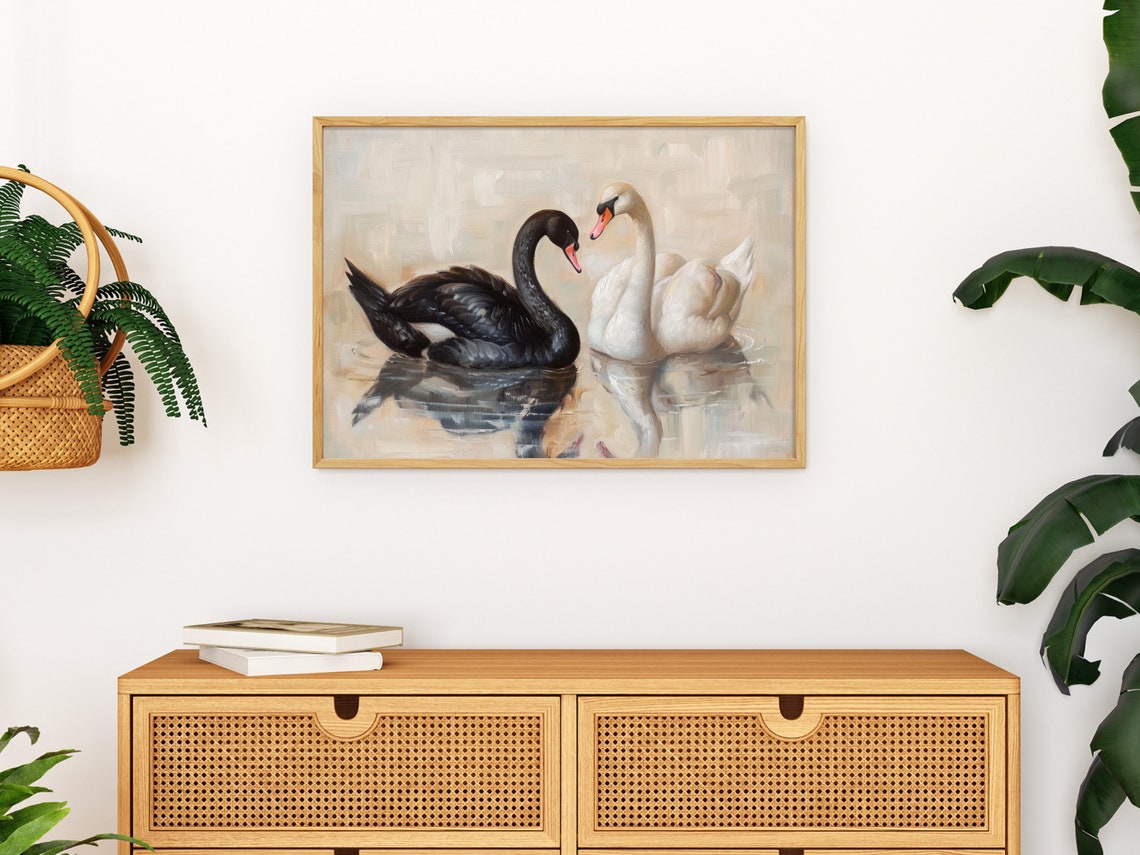 Black and White Swans Face to Face Elegant Oil Painting Poster - Image 4