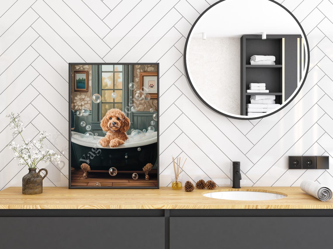 Goldendoodle Puppy in Bubble Bath Vintage Clawfoot Tub Bathroom Poster - Image 3