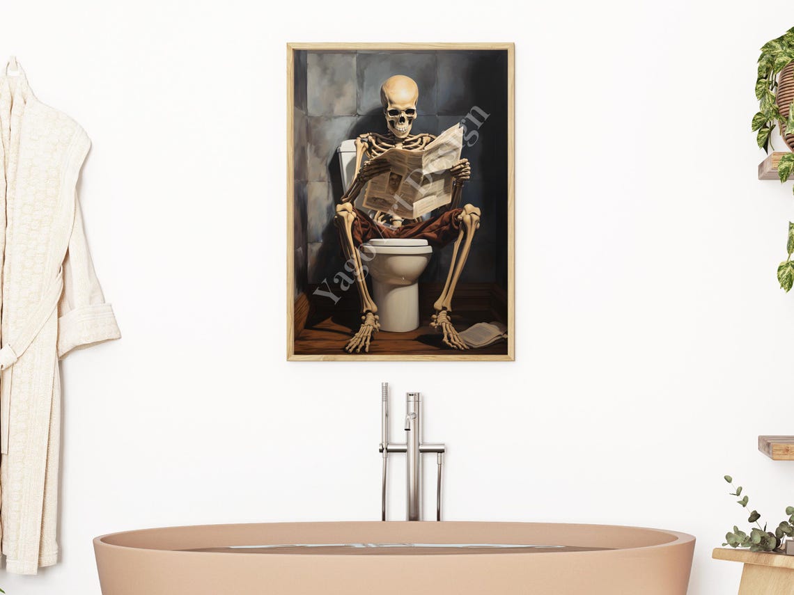 Skeleton On Toilet Reading Newspaper Funny Gothic Bathroom Poster - Image 3