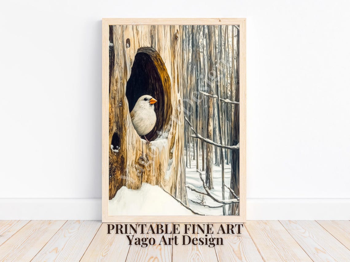 White Bird Peeking From Tree Hollow Snowy Forest Winter Poster - Image 4