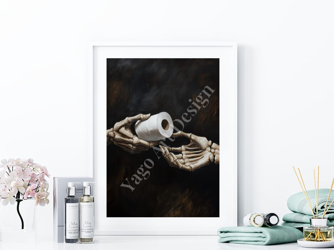 Skeleton Hands Offering Last Toilet Paper Roll Dark Humor Poster - Image 4