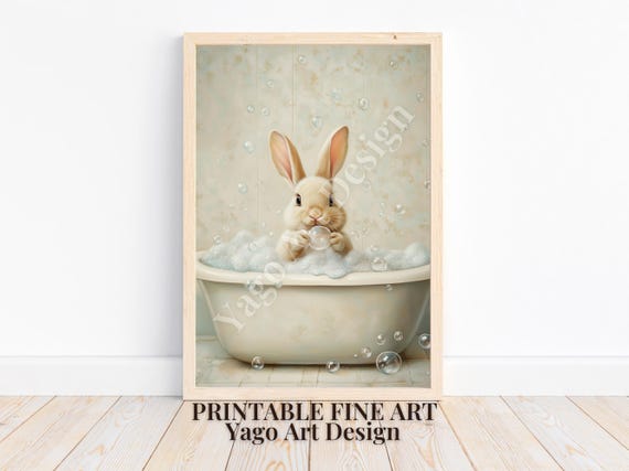 Easter Bunny In Bathtub Wall Art Print Rabbit In Bathroom Wall Decor Bathroom Animal Art Prints Funny Bathroom Decor Cute