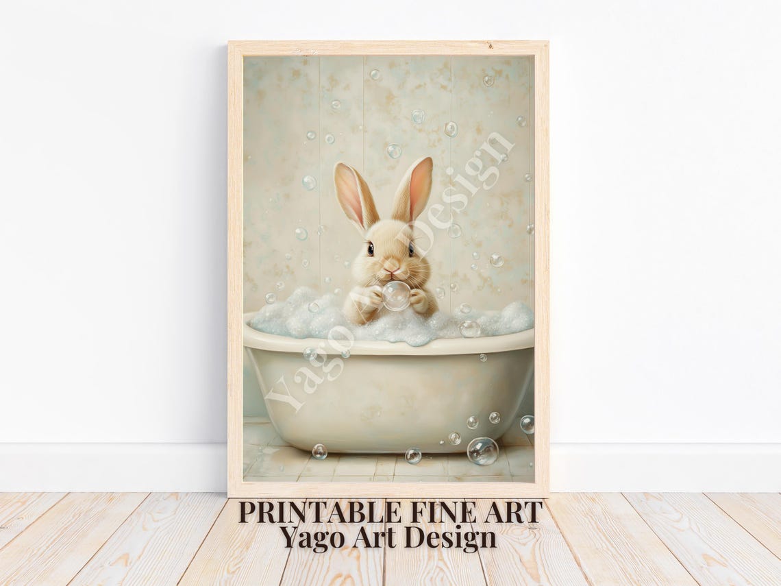 Easter Bunny In Bathtub Wall Art Print Rabbit In Bathroom Wall Decor Bathroom Animal Art Prints Funny Bathroom Decor Cute