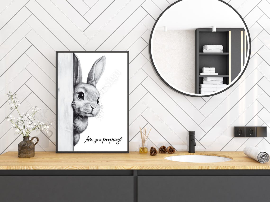 Are You Pooping Rabbit Minimalist Sketch Funny Bathroom Poster - Image 3