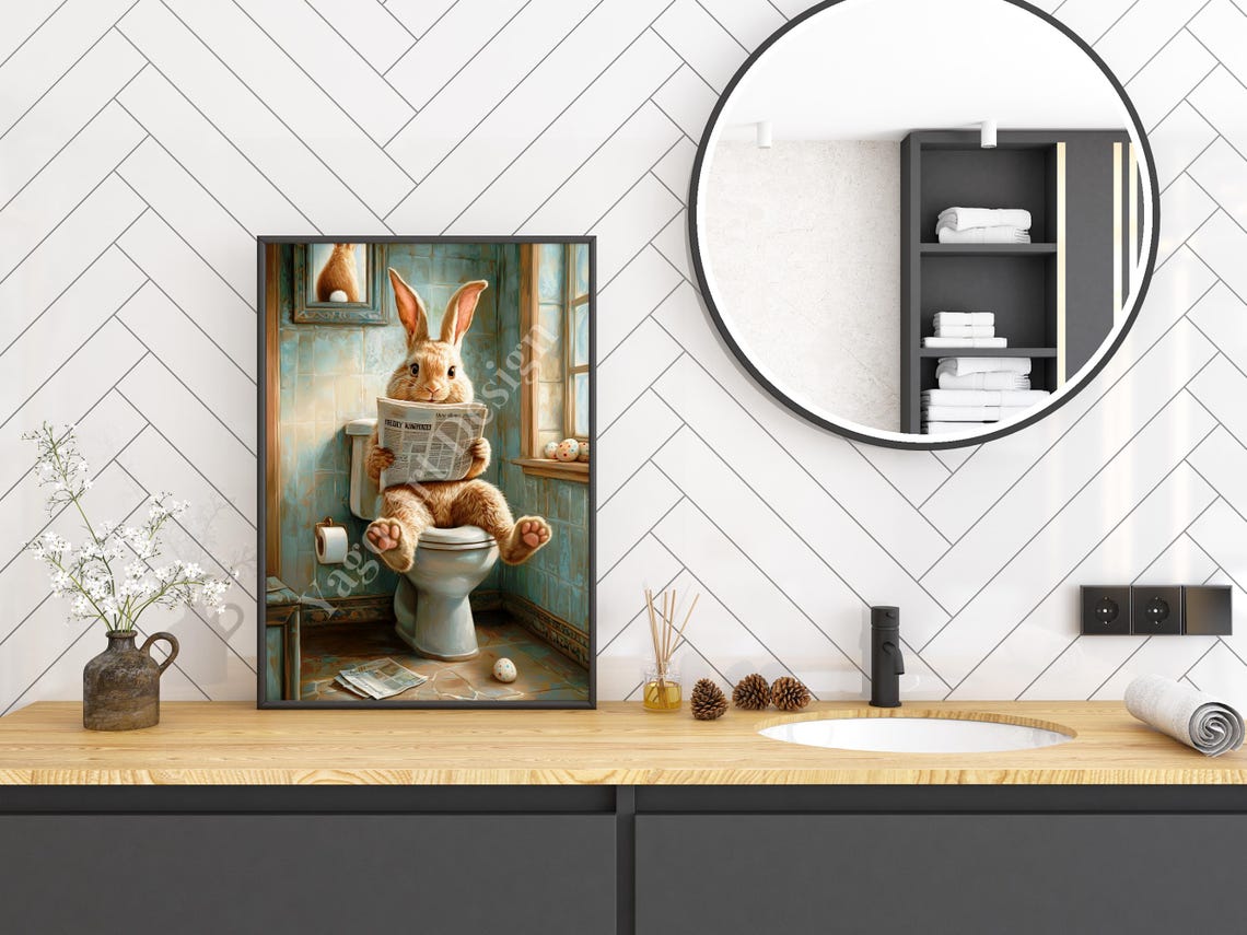 Easter Bunny On Toilet Reading Newspaper Funny Bathroom Poster - Image 3