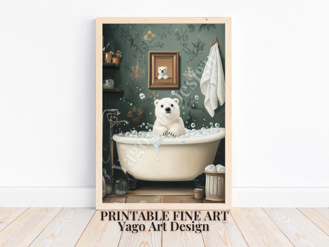 Polar Bear Cub in Bubble Bath Poster Winter Nursery Decor Art