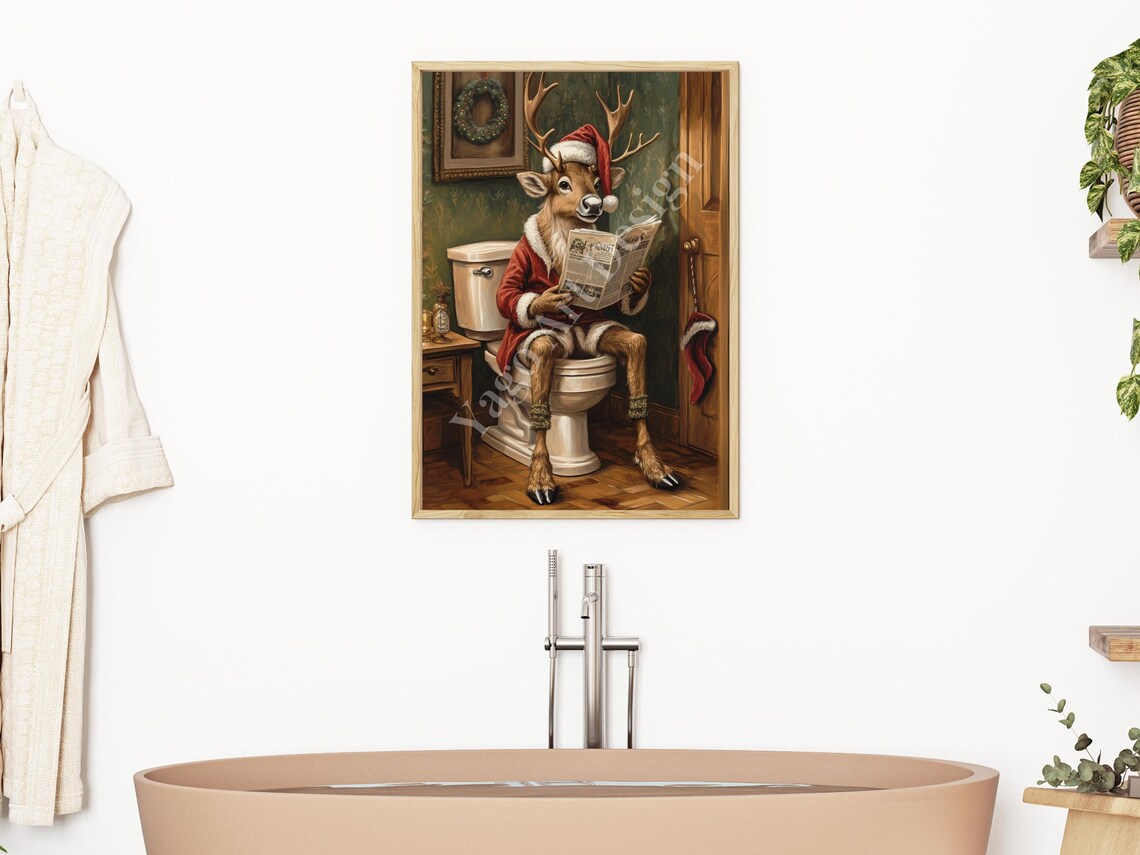 Reindeer in Santa Coat Reading Newspaper on Toilet Christmas Poster - Image 2