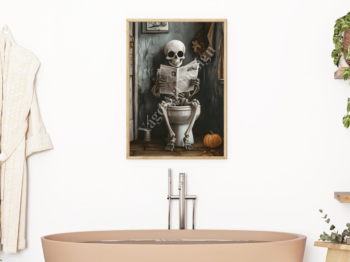 Skeleton Reading Newspaper on Toilet Halloween Bathroom Art Poster - Image 3