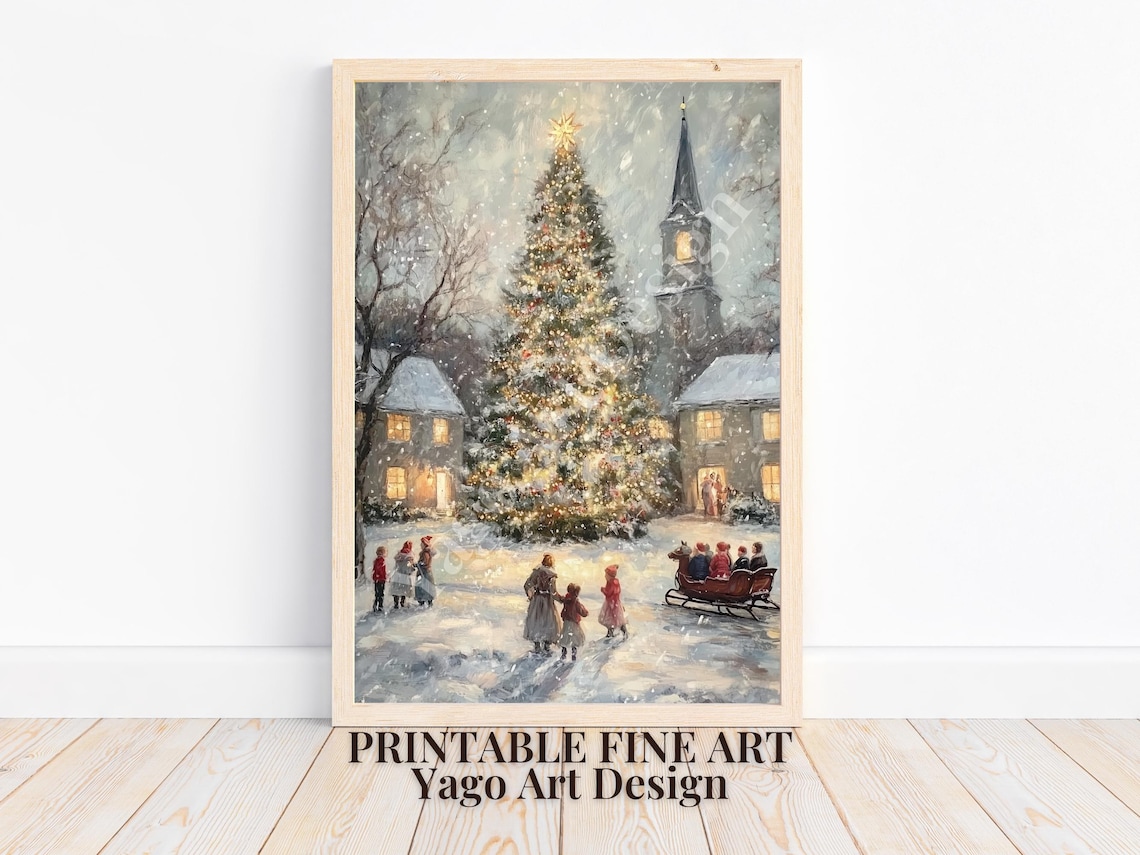 Snowy Village Christmas Tree Gathering Vintage Holiday Scene Poster