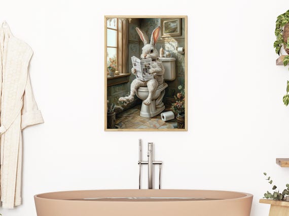 Easter Bunny On Toilet Wall Art Print Rabbit In Bathroom Wall Decor Cute Bathroom Animal Art Prints Funny Bathroom Painting